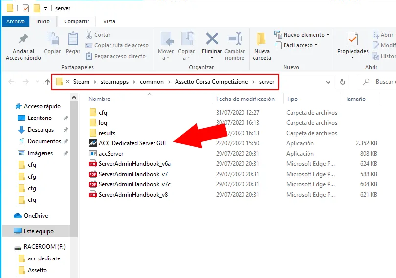 Directorio de instalación de ACC Dedicated Server GUI en Steam