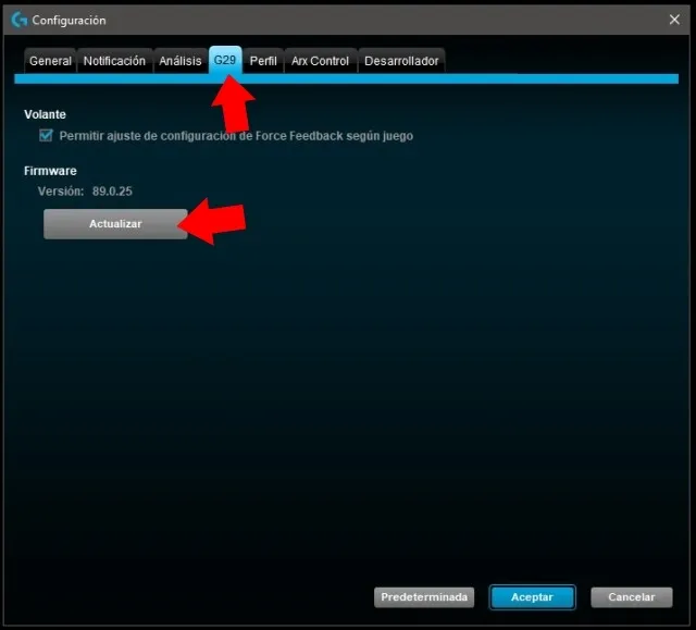 Opción para actualizar firmware del Logitech G29