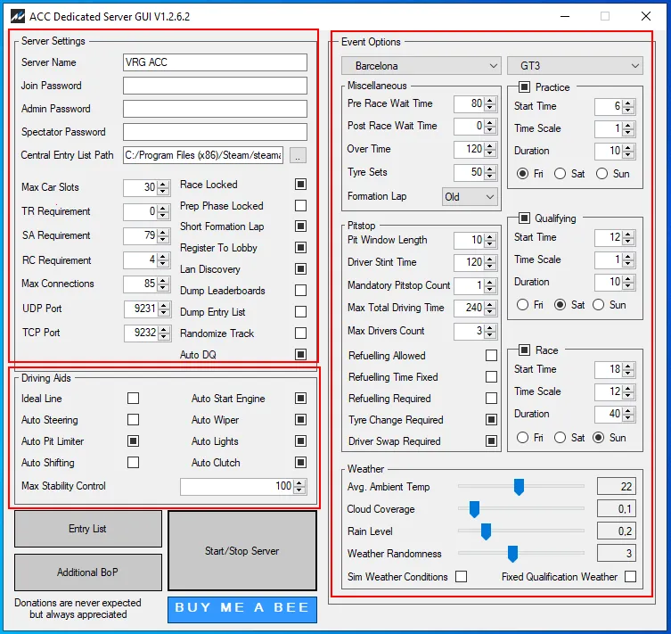 Opciones de configuración en ACC Dedicated Server GUI