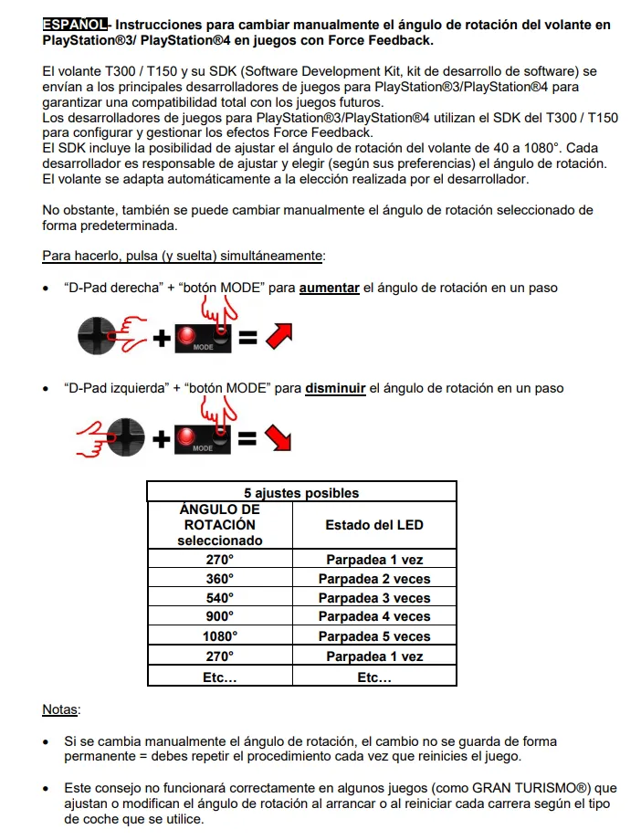 Ajustar grados de rotación mediante combinación de botones en T300