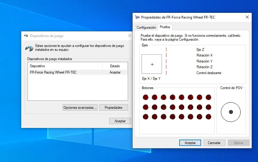 Detección del volante FR FORCE de FR-TEC en el panel de dispositivos de Windows