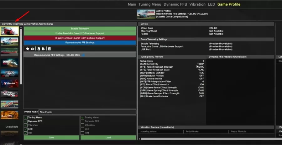 Perfiles de force feedback fanatec csl dd