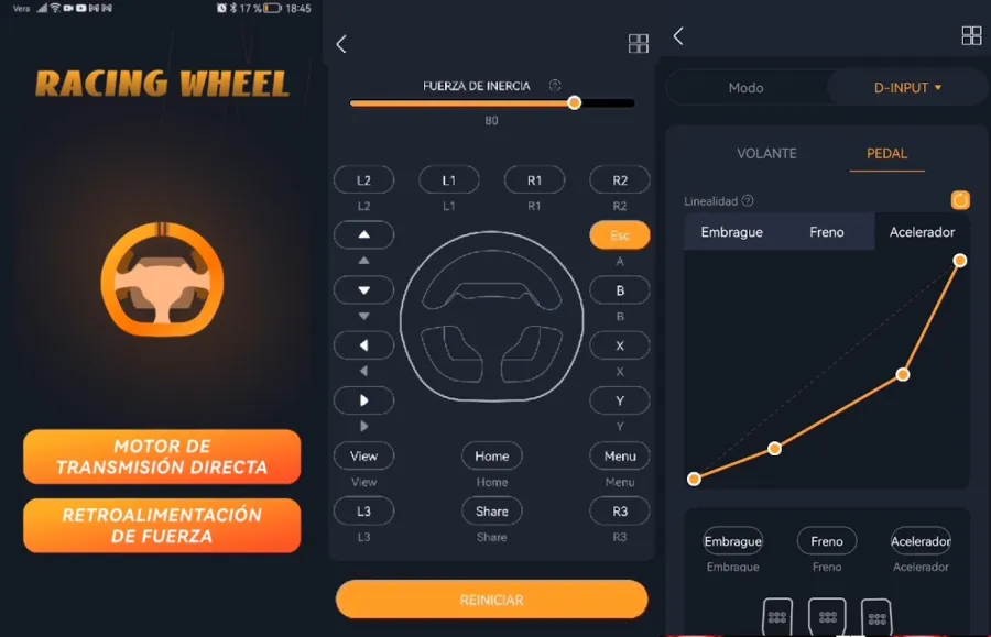 Interfaz de la app móvil para configurar el volante FR FORCE