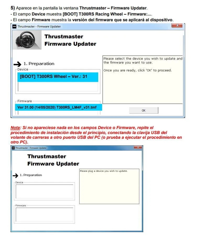 Restauración de firmware desde el panel de control Thrustmaster