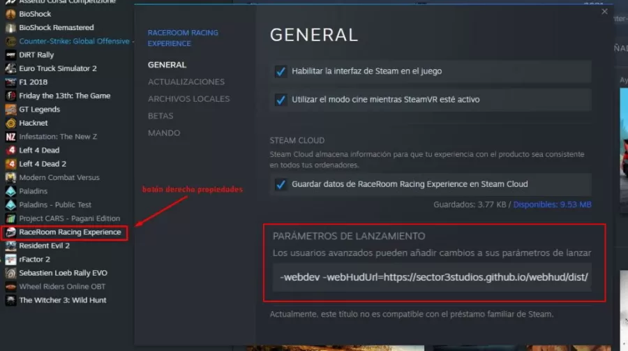Parametros de lanzamiento dash raceroom en Steam