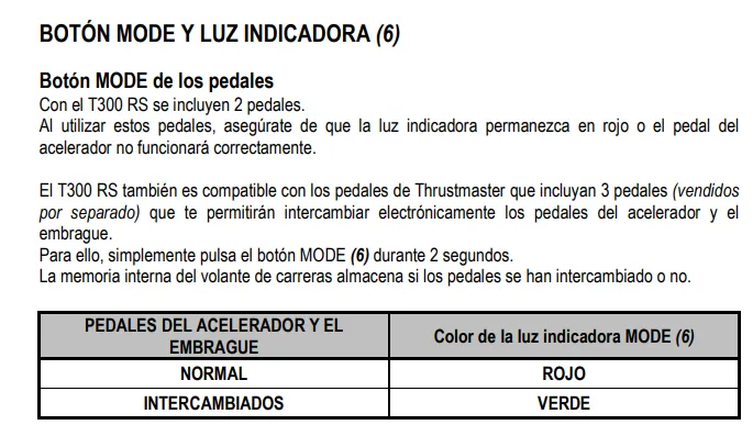 Cambiar modo de pedales e indicador LED en Thrustmaster T300