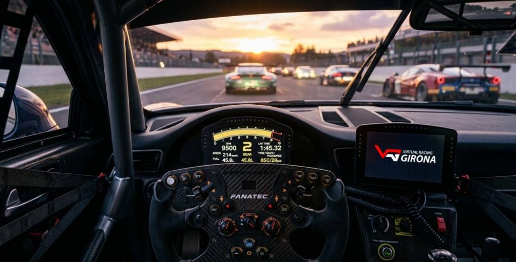 Vista desde el cockpit de un simulador de carreras en la parrilla de salida de los campeonatos simracing de Virtual Racing Girona.