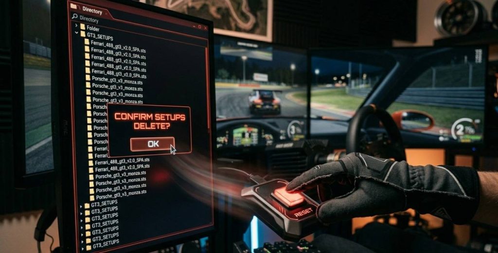 Primer plano de un piloto de simracing presionando una tecla de reset para borrar configuraciones de coche en su simulador.