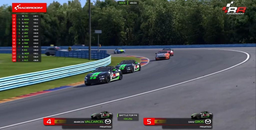 Marcos valcarcel luchando con dani gros por la p4 en la copa mazda mx5 circuito watkins glen short en raceroom