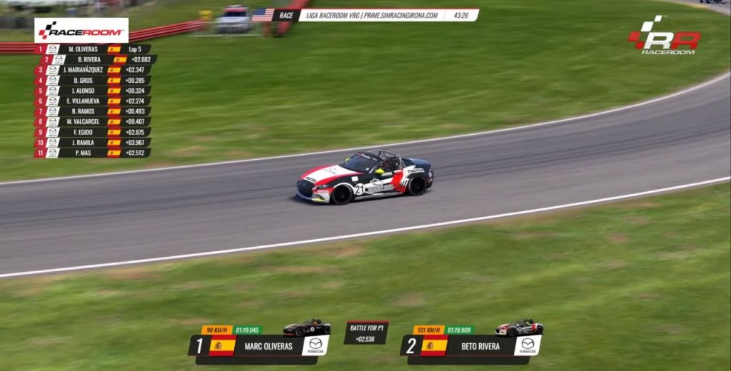 diferencia de tiempo entre marc oliveras y beto rivera en la ronda 5 de la copa mazda mx5 raceroom de virtual racing girona