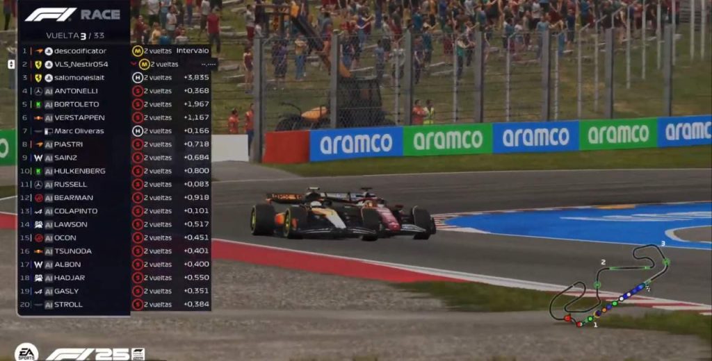 paralelo nestor y sergi lopez gran premio de españa de formula 1 2025 en virtual racing girona lucha por la primera plaza1 vuelta 3