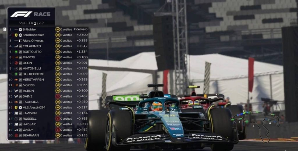 robert a la cabeza en salida de belgica seguido de marc oliveras y salomon slait campeonato formula 1 2025 electronics arts virtual racing girona