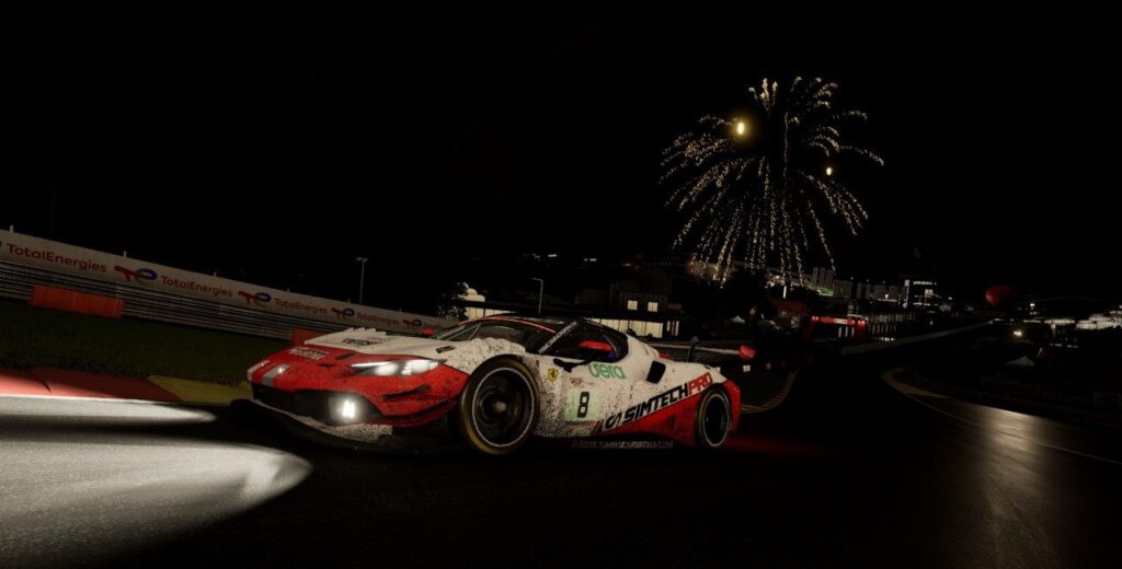 Marc Oliveras ganando la carrera de resistencia en spa francorchamps en el campeonato de resistencia en assetto corsa competizione en virtual racing girona
